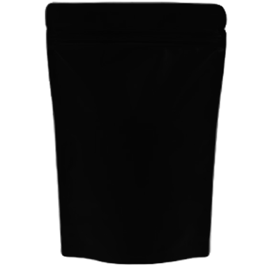 Black, resealable stand-up pouch against a white background.