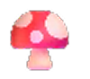 Cartoon pink mushroom with white spots on a dark background.