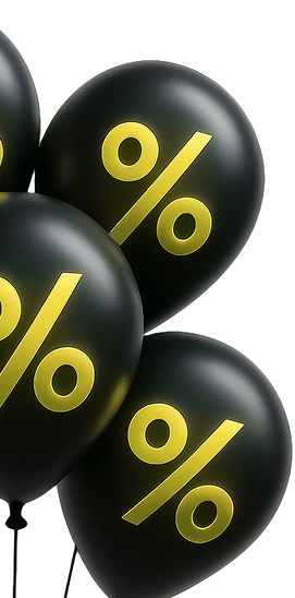 Black balloons with yellow percent signs.
