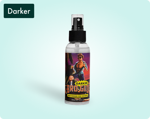 Spray bottle with colorful label on a light blue background.