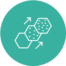 Three hexagons with arrows inside a teal circle.