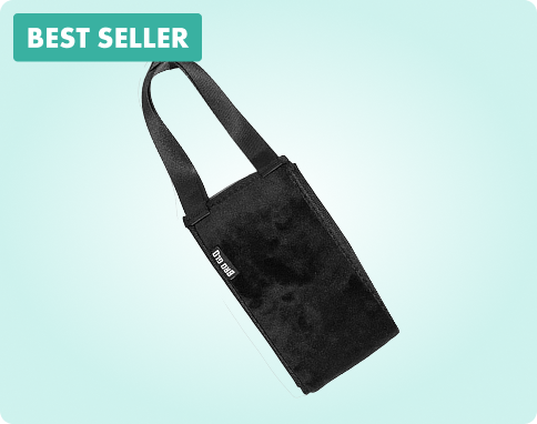Black velvet tote bag labeled 'BEST SELLER' on a light blue background.