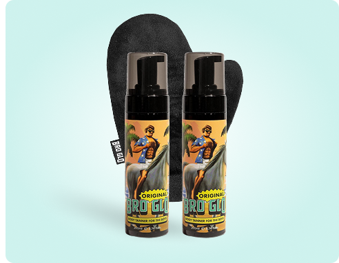 Two bottles of Bro' Glo self-tanner with an applicator mitt.