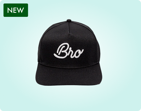 Black cap with 'Bro' embroidered on front, displayed on a light blue background.