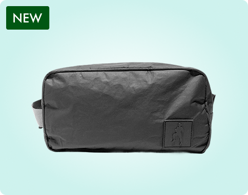 Black toiletry bag with a sewn logo, labeled as new.