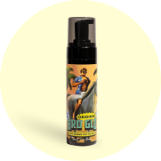 Bottle with a cartoon man on horseback label, black cap.