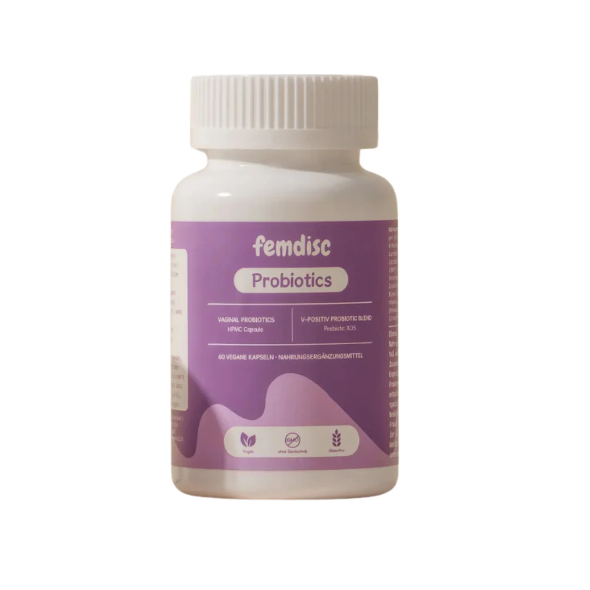 A bottle of femdisc probiotics with a purple label.