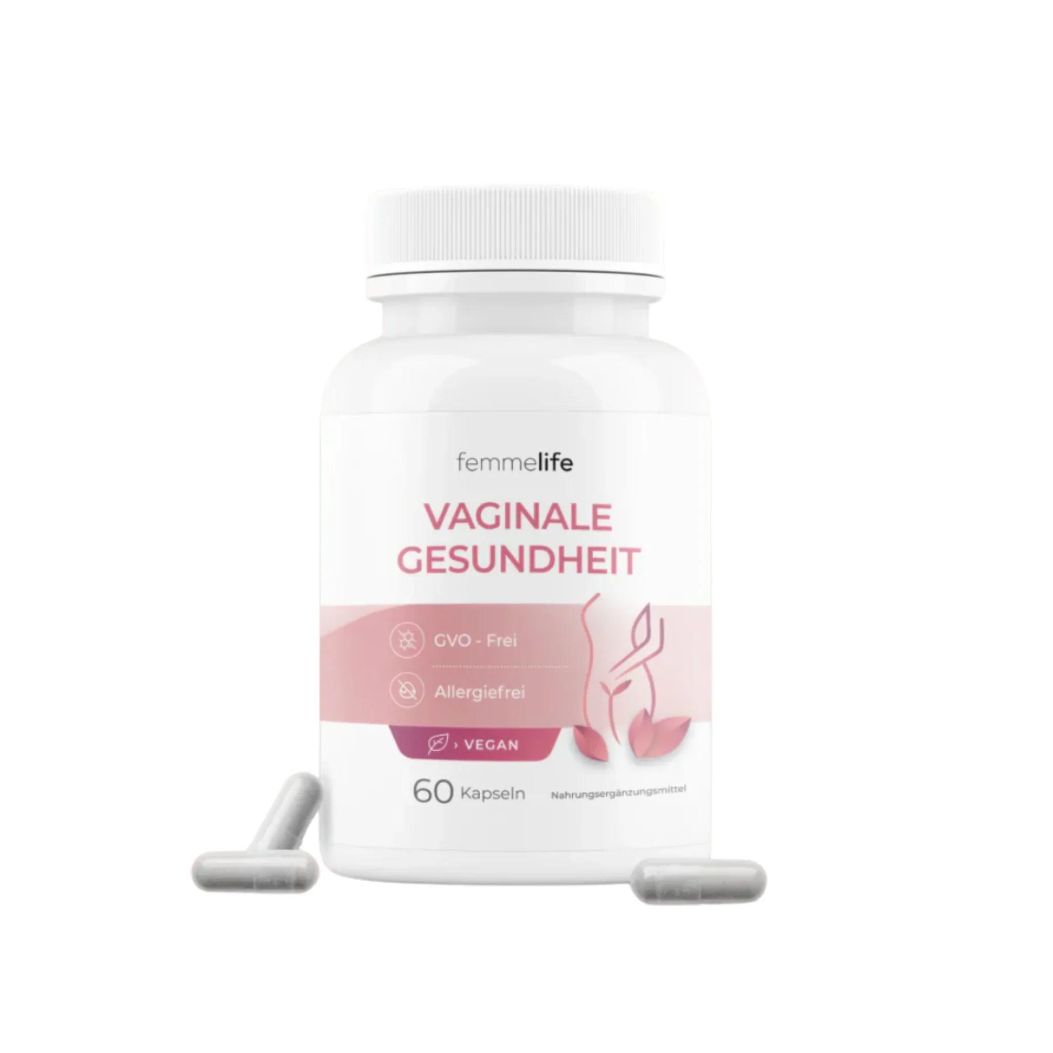 White bottle labeled 'Vaginale Gesundheit' with two capsules beside it.