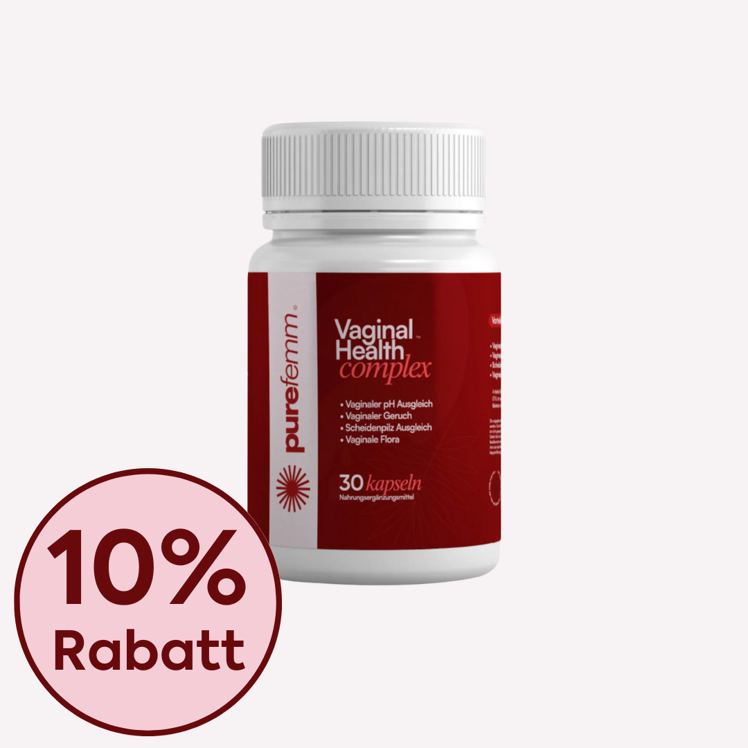 Bottle of vaginal health complex supplement with 10% discount offer.