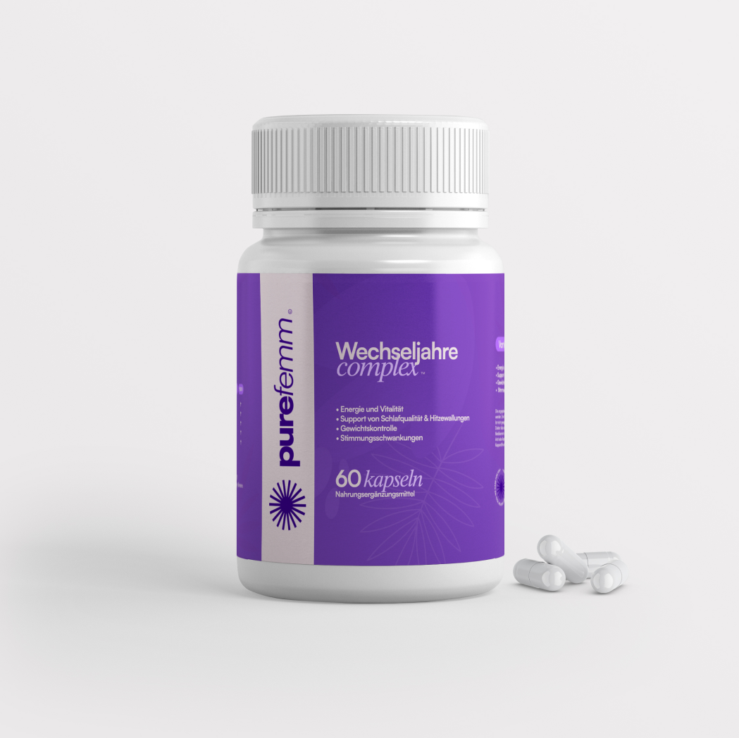 Purple bottle labeled 'Wechseljahre complex' with capsules beside it.