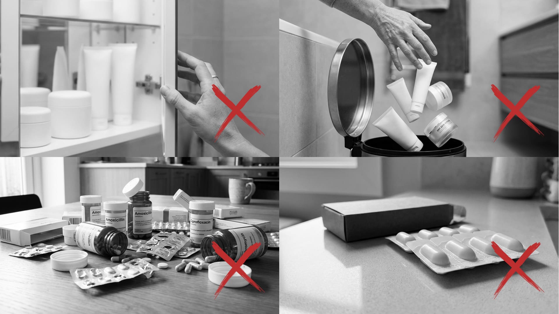 A black and white collage showing improper medication storage and disposal, with each action crossed out.