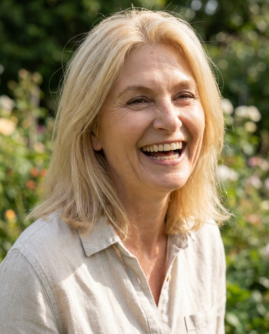 Smiling woman with blonde hair in a garden setting.