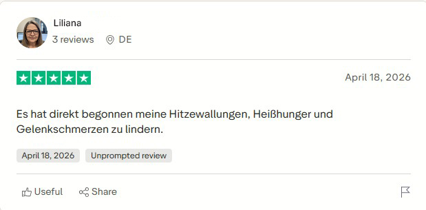 A 5-star customer review in German from Liliana about relief from hot flashes, cravings, and joint pain.
