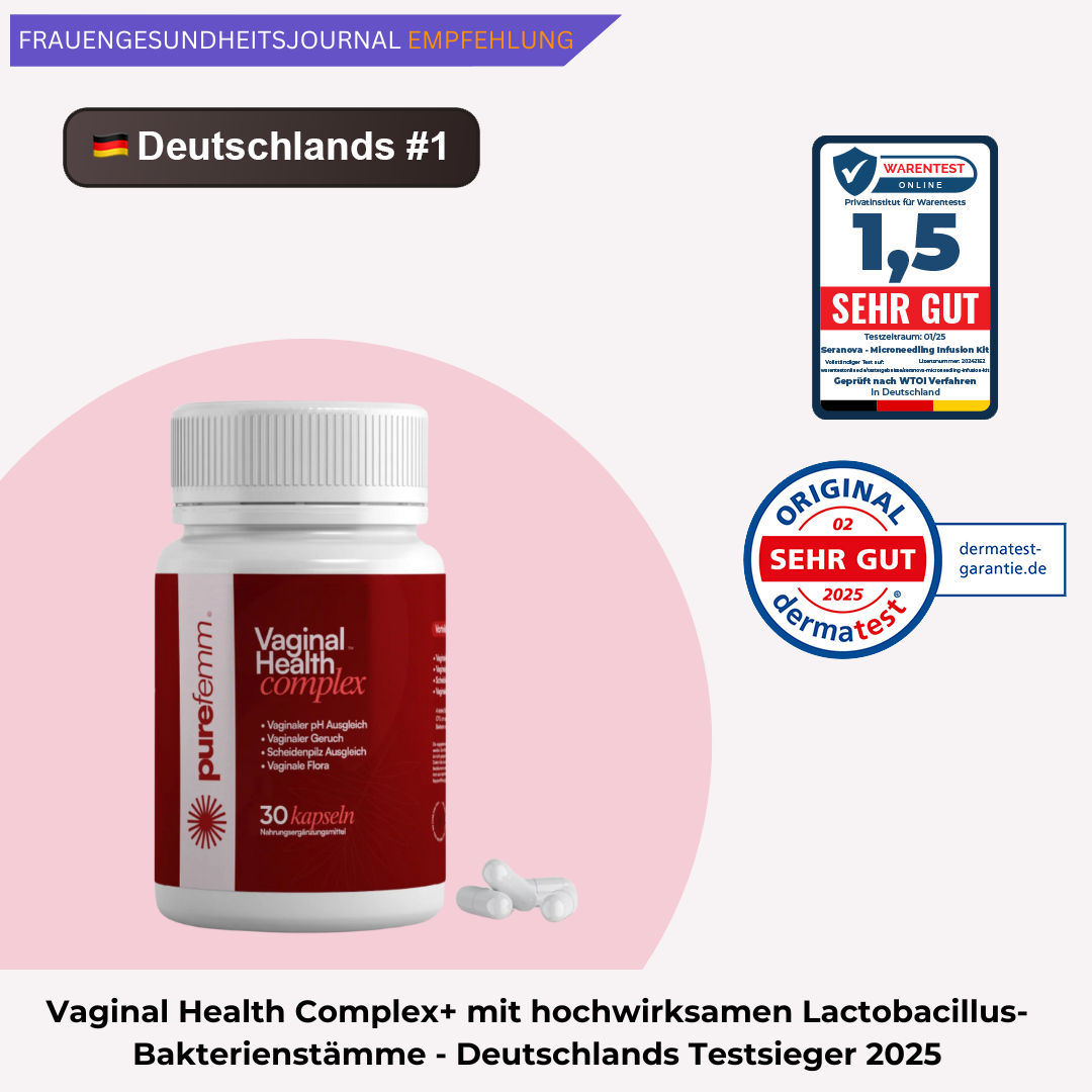 Vaginal health supplement bottle with quality certificates and awards displayed.