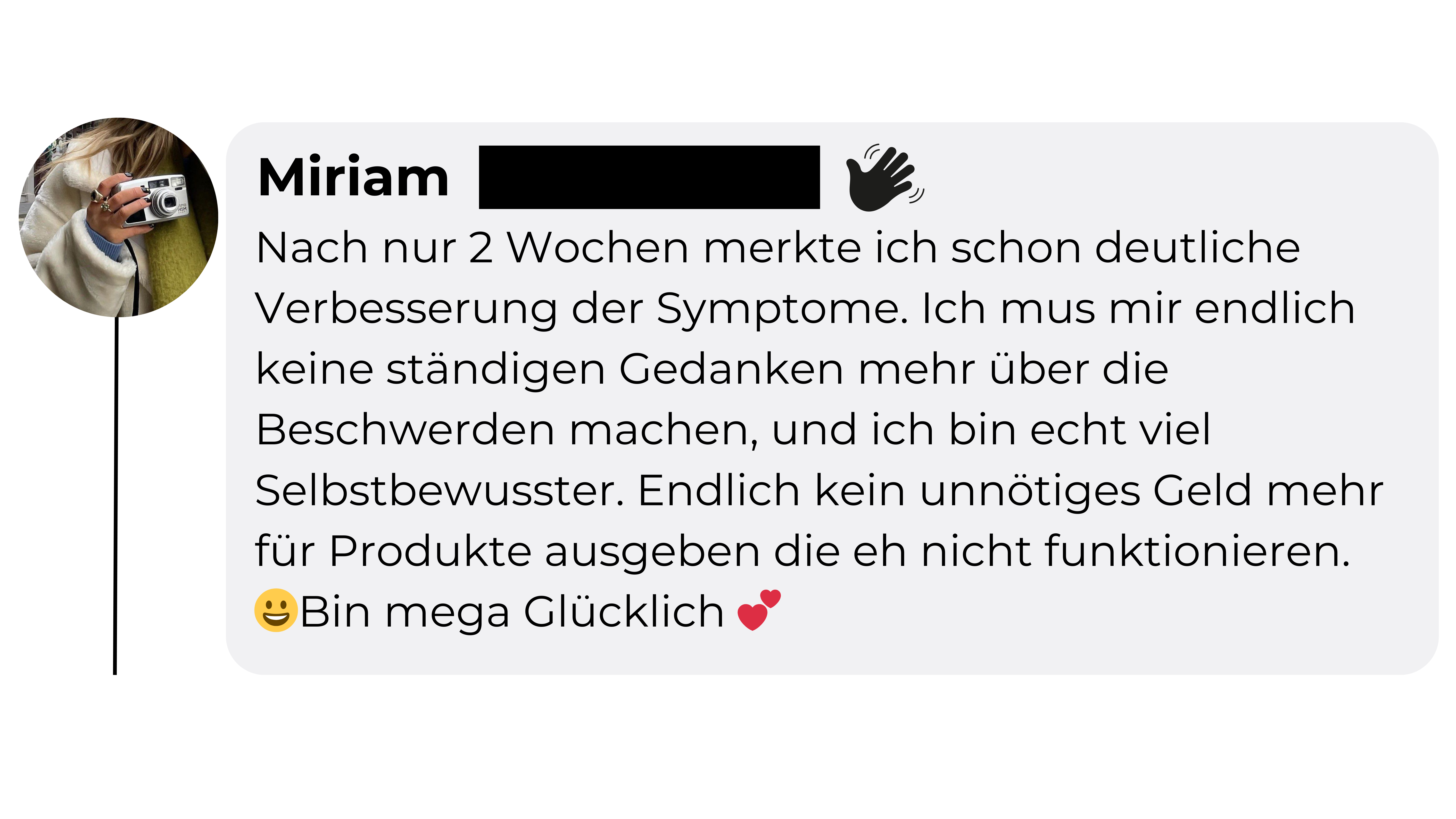 Testimonial in German about skin care product improving complexion and reducing wrinkles.