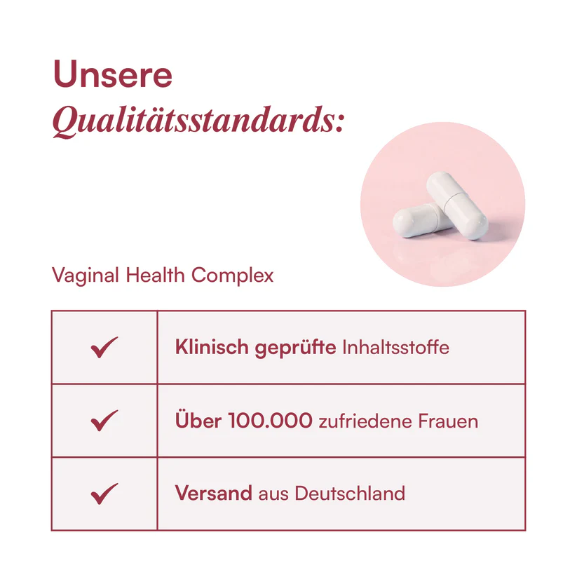 Text about quality standards and vaginal health complex with an image of white capsules.