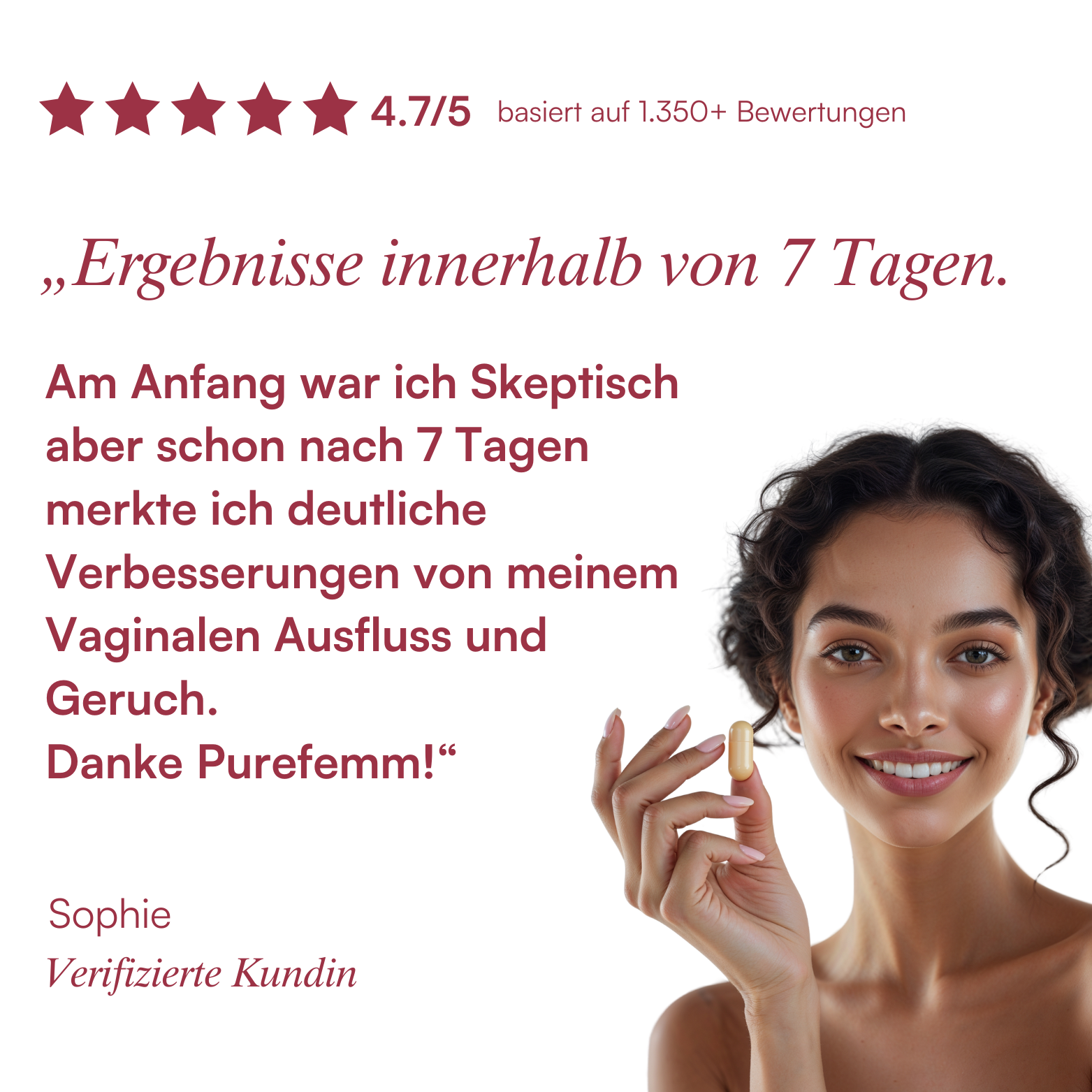 Woman holding capsule with testimonial text and star rating in German.