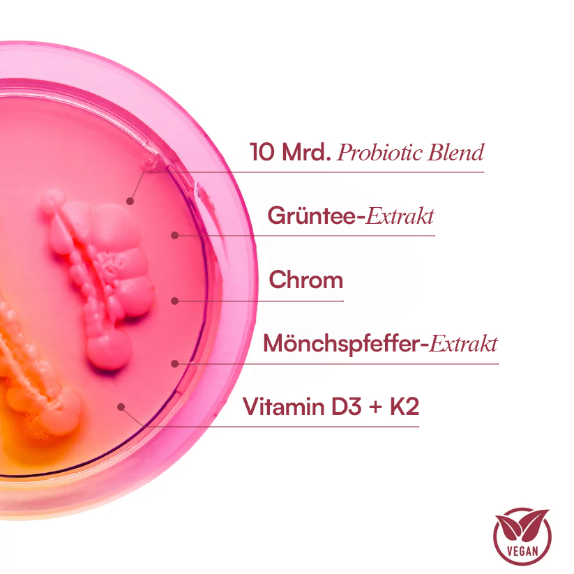 Pink petri dish with labeled probiotic and vitamins, vegan logo at bottom right.