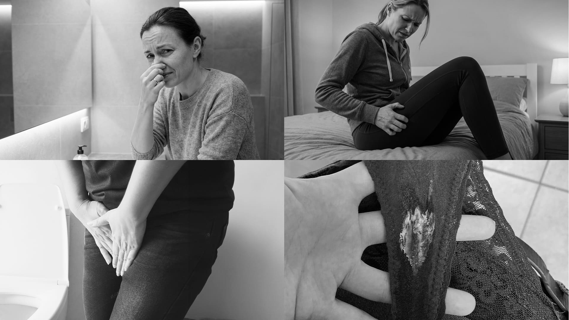 A black and white collage of four images depicting women experiencing physical discomfort and examining discharge on underwear.