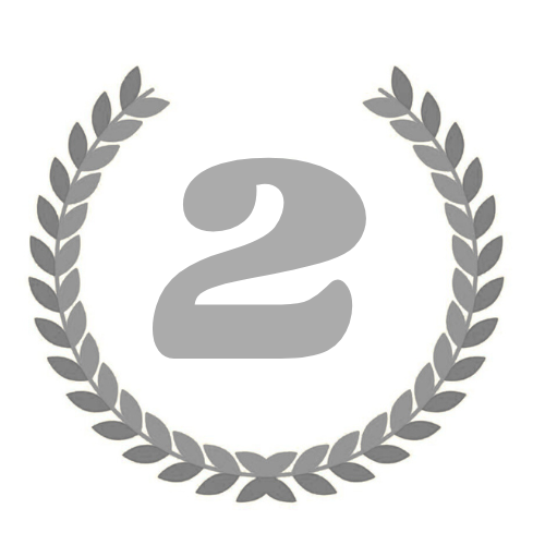 Gray number two inside a laurel wreath on a white background.