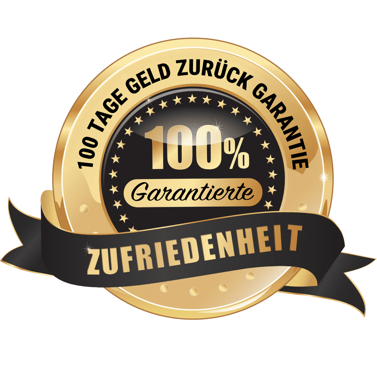 Gold badge with '100 Tage Geld Zurück Garantie' and 'Zufriedenheit' text.