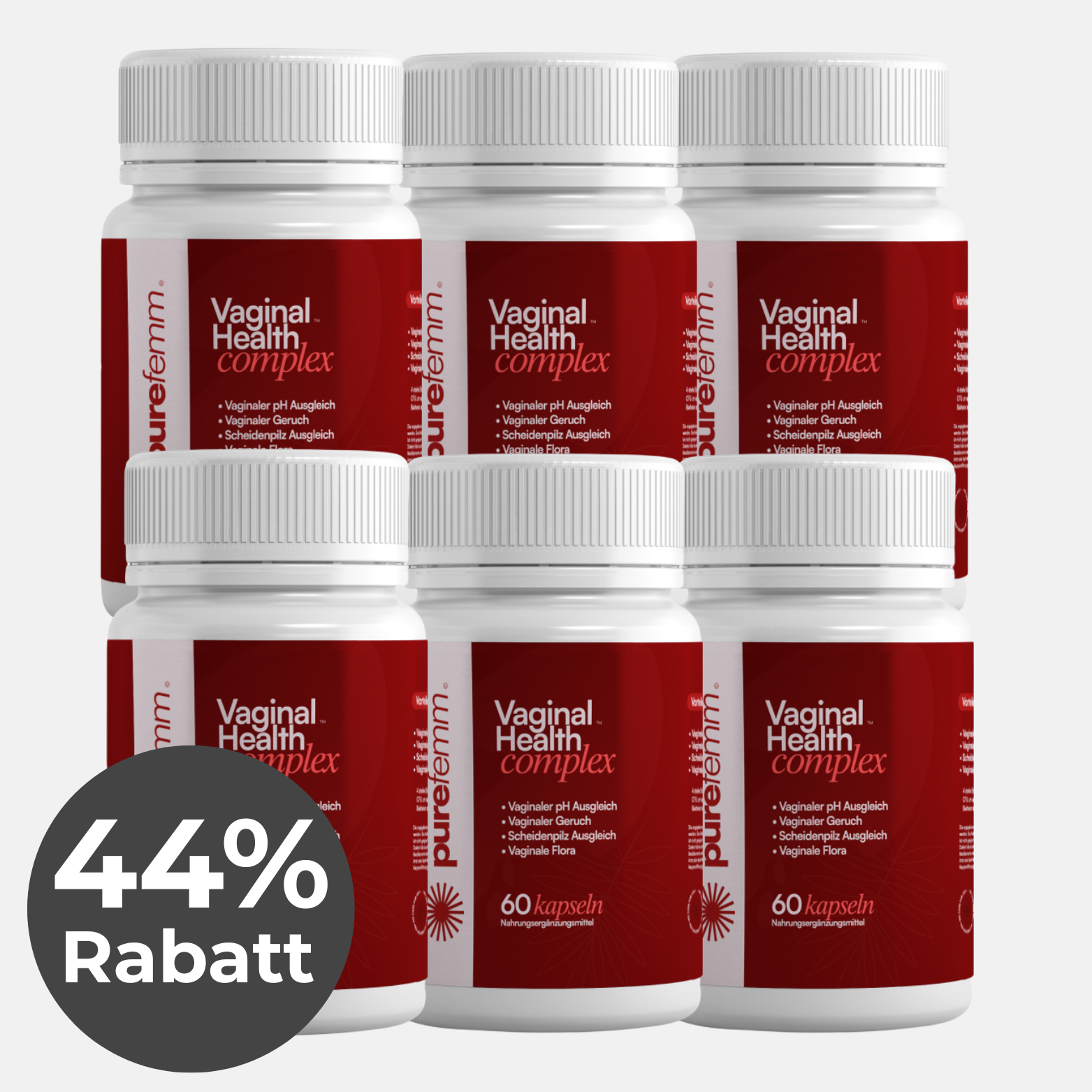 Six bottles of vaginal health complex with a 44% discount label.