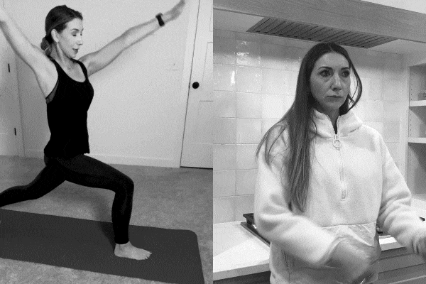 Two grayscale photos: woman doing yoga; woman in a kitchen.