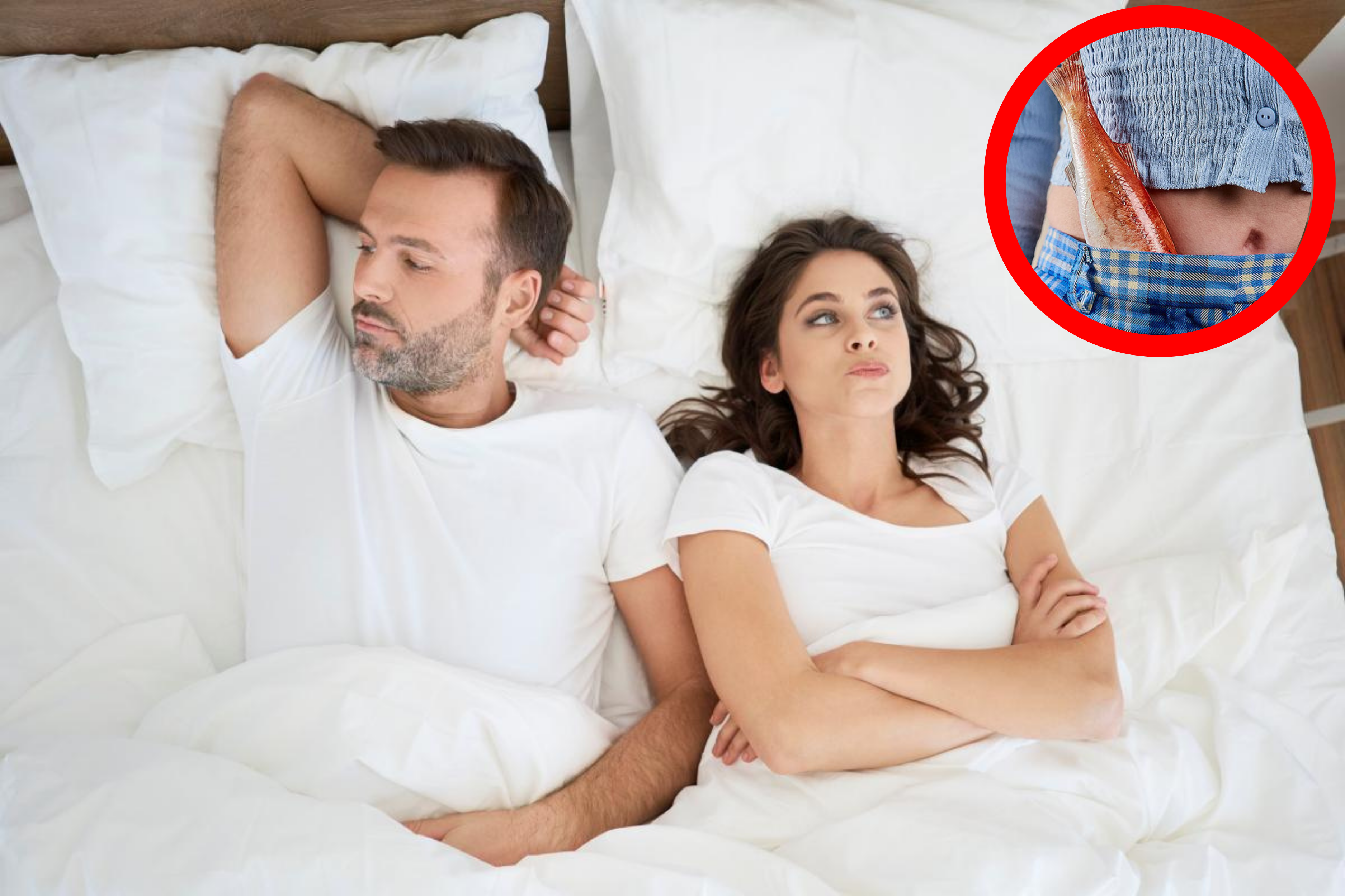 Man and woman lying in bed, looking away from each other.