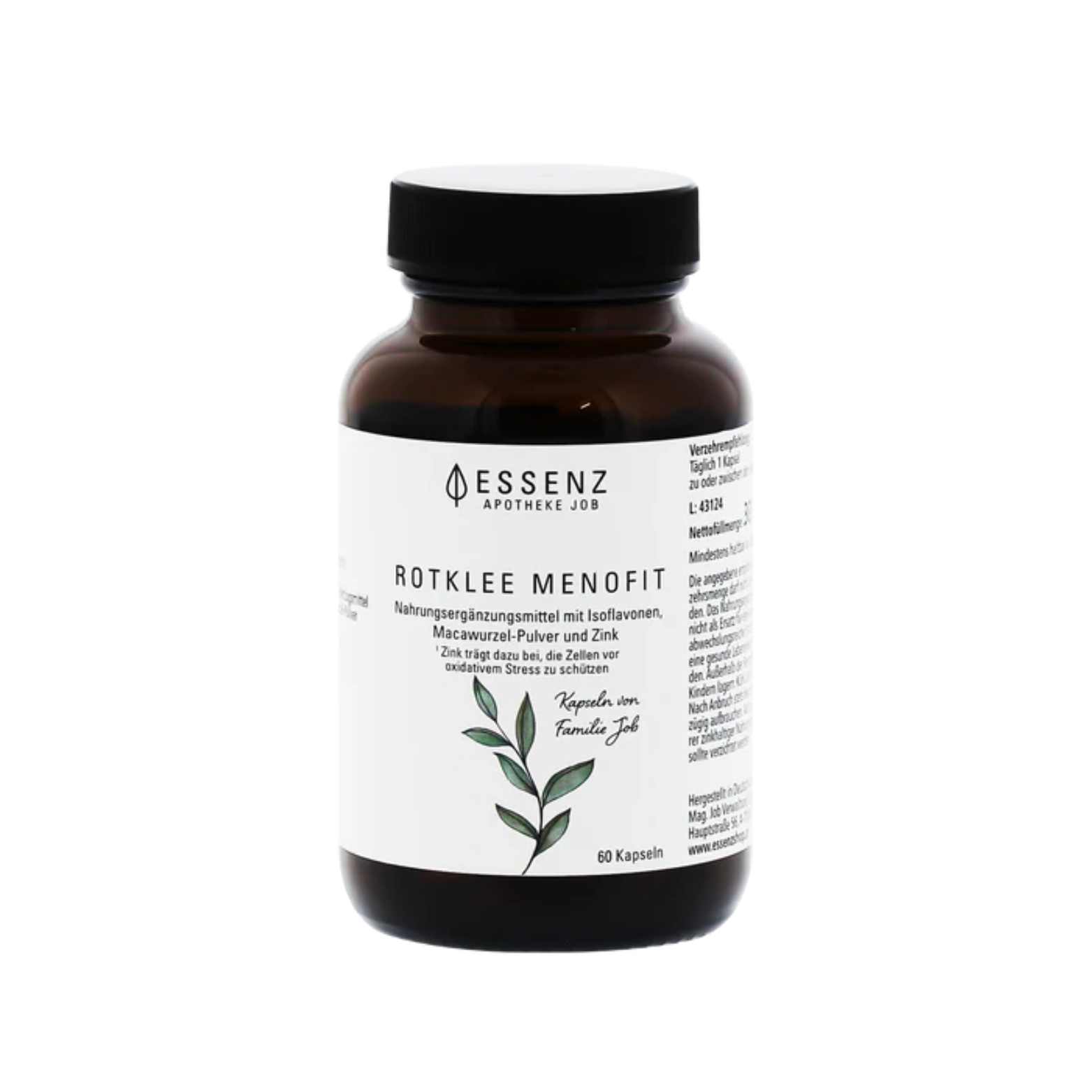 Brown bottle labeled 'Rotklee Menofit' with a leaf illustration.