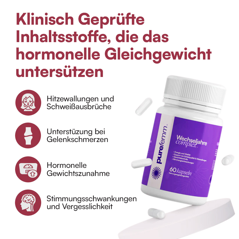 Bottle of dietary supplement pills with German text and related benefits.