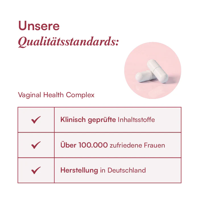 Product packaging highlighting quality standards for vaginal health capsules.