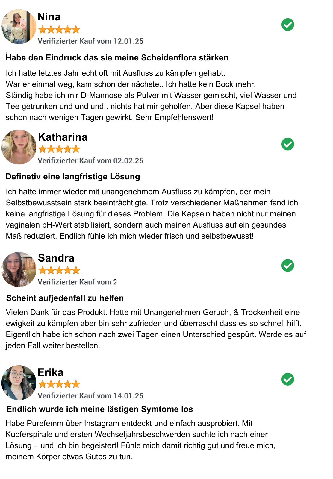 Four customer reviews praising a skincare product, with verified purchase dates and star ratings.
