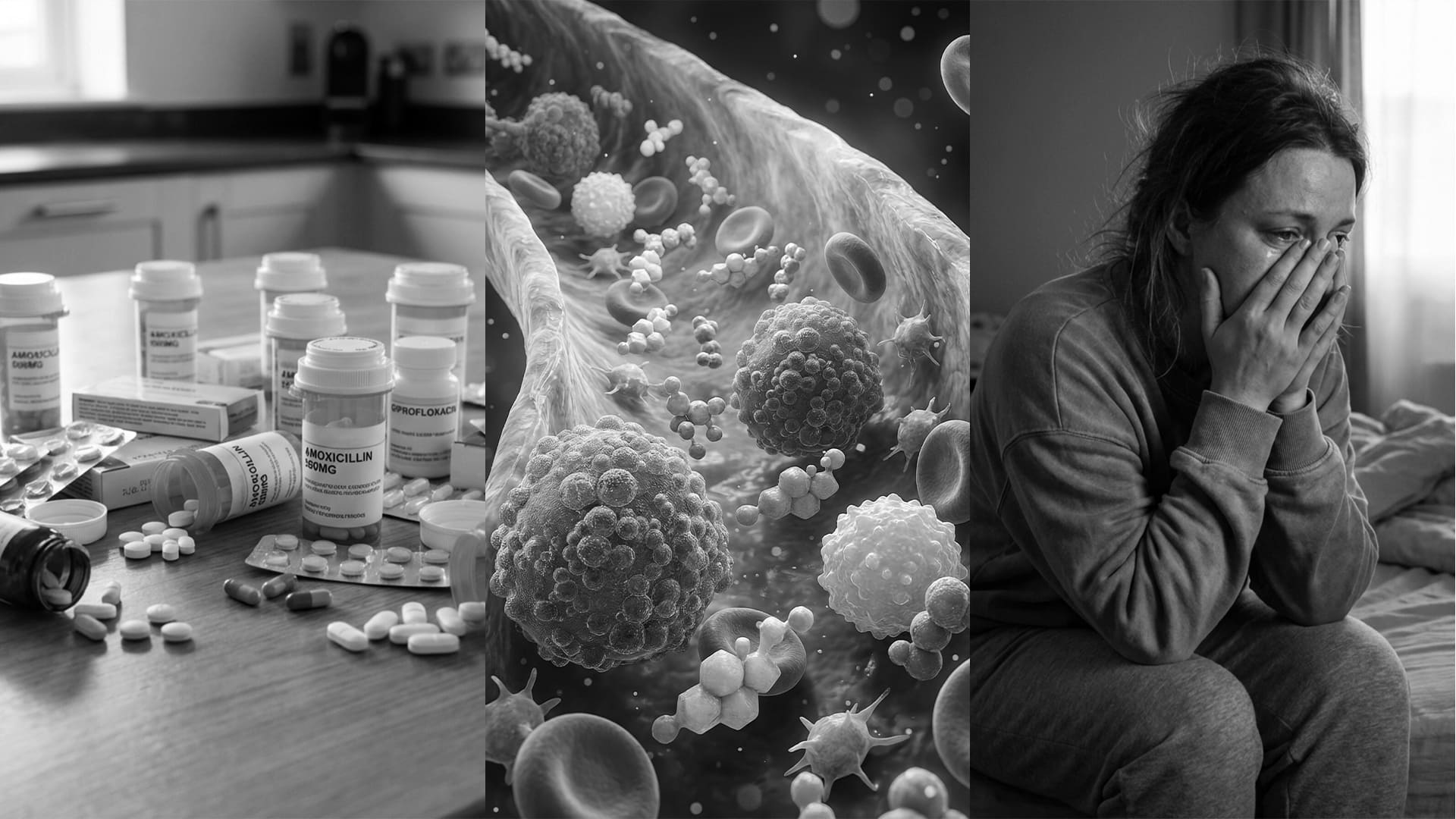 A black and white triptych showing medication, microscopic cells, and a distressed woman.