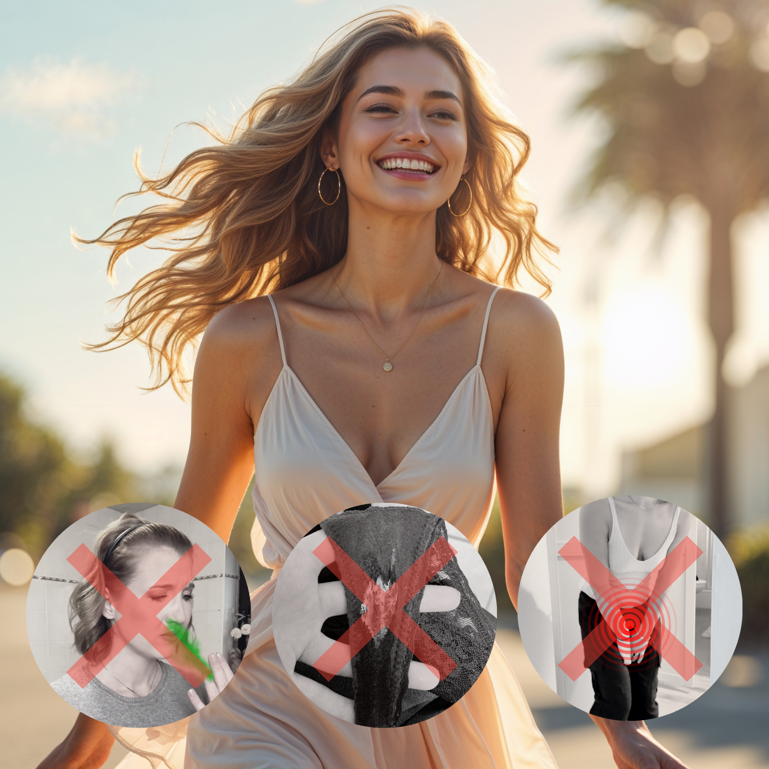 Smiling woman outdoors with three crossed-out circles below her.
