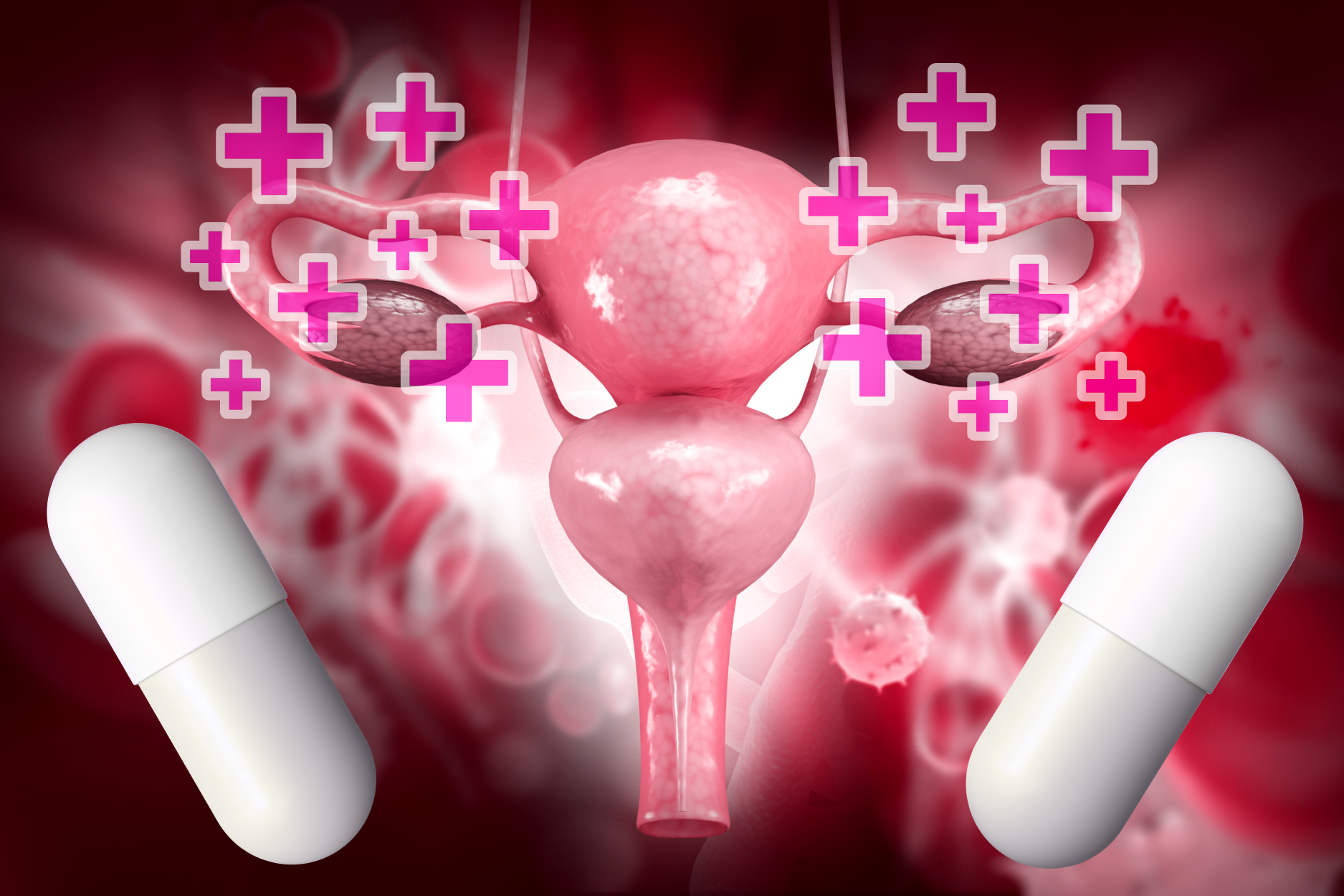 Illustration of a uterus with medical symbols and capsules.