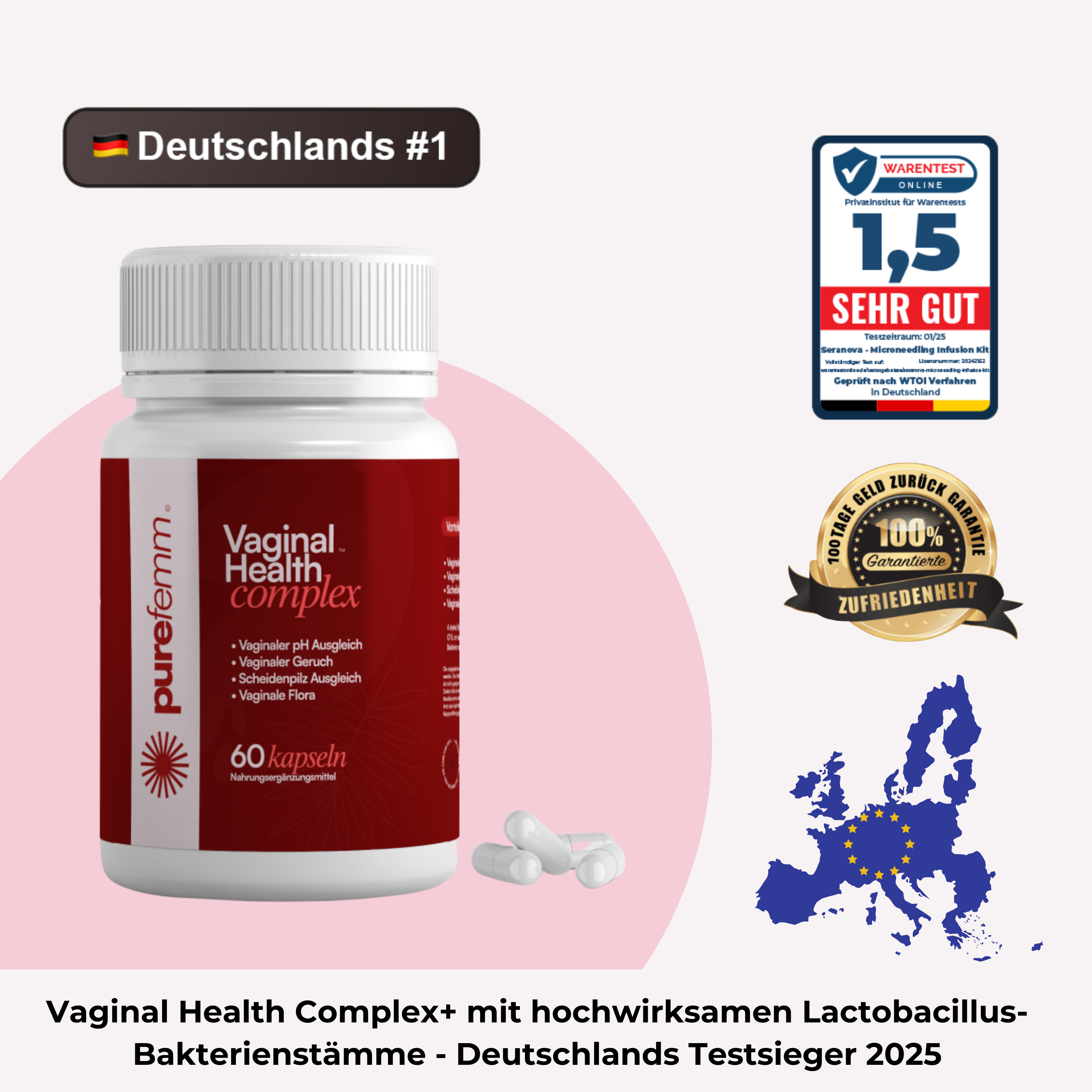 Vaginal Health Complex bottle with capsules, awards, and map of Europe.
