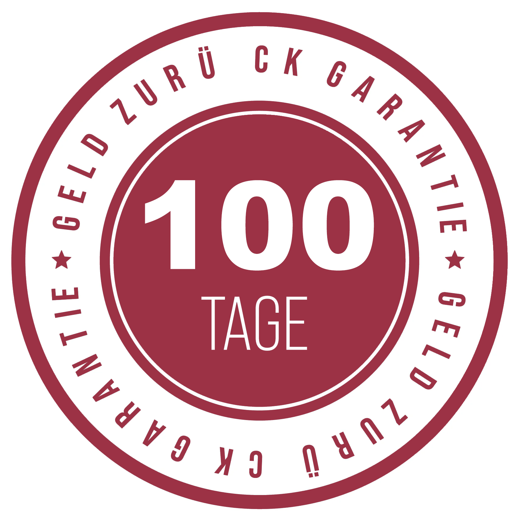 'Red badge with '100 Tage Geld-zurück-Garantie' text.'