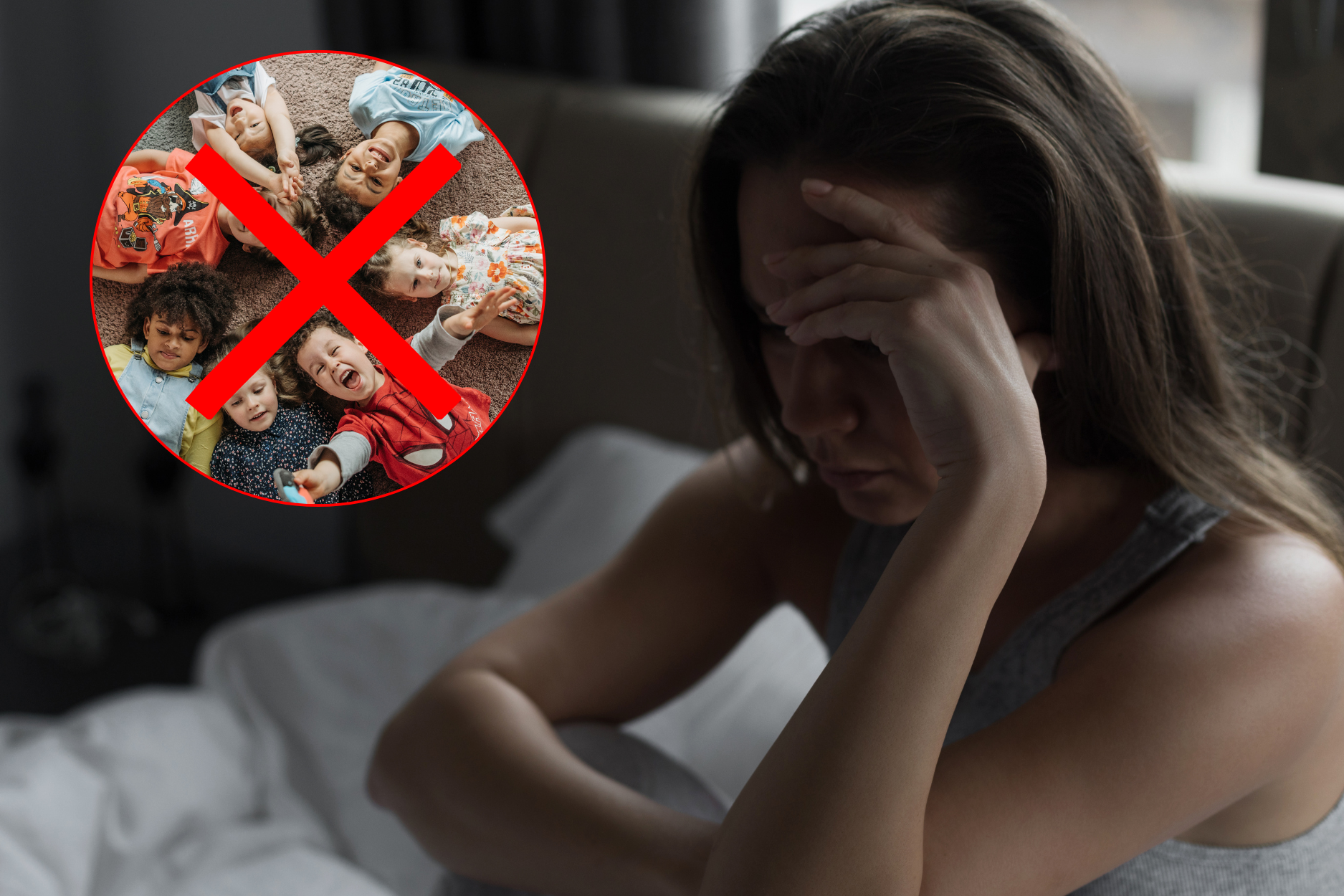 Woman sitting on bed, hand on forehead, with crossed-out image of children.