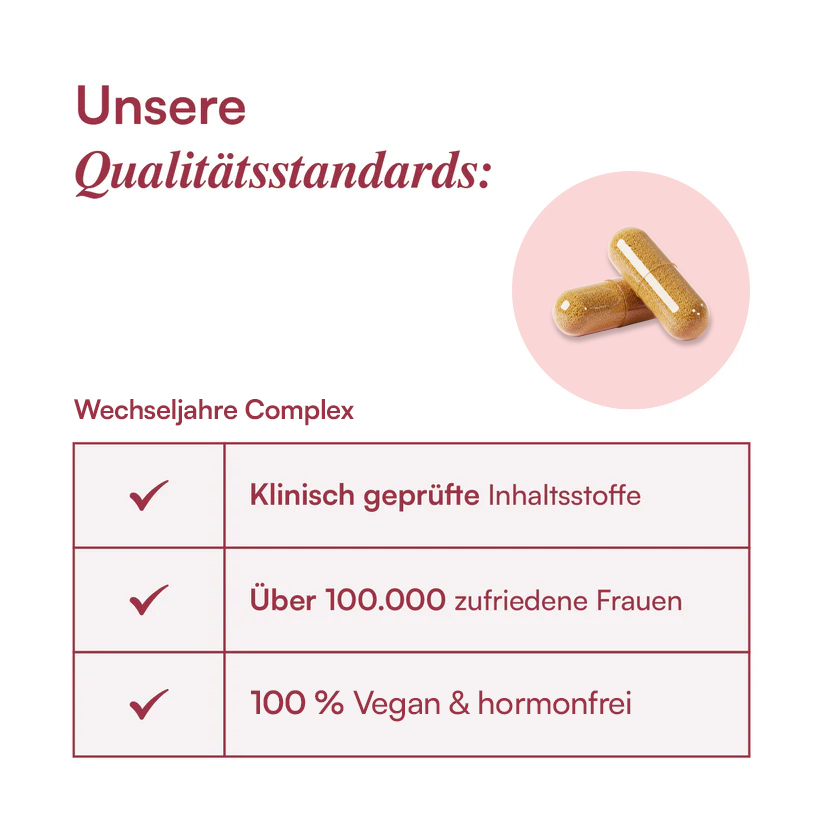 Text promoting vegan supplements with quality standards, alongside two capsules image.