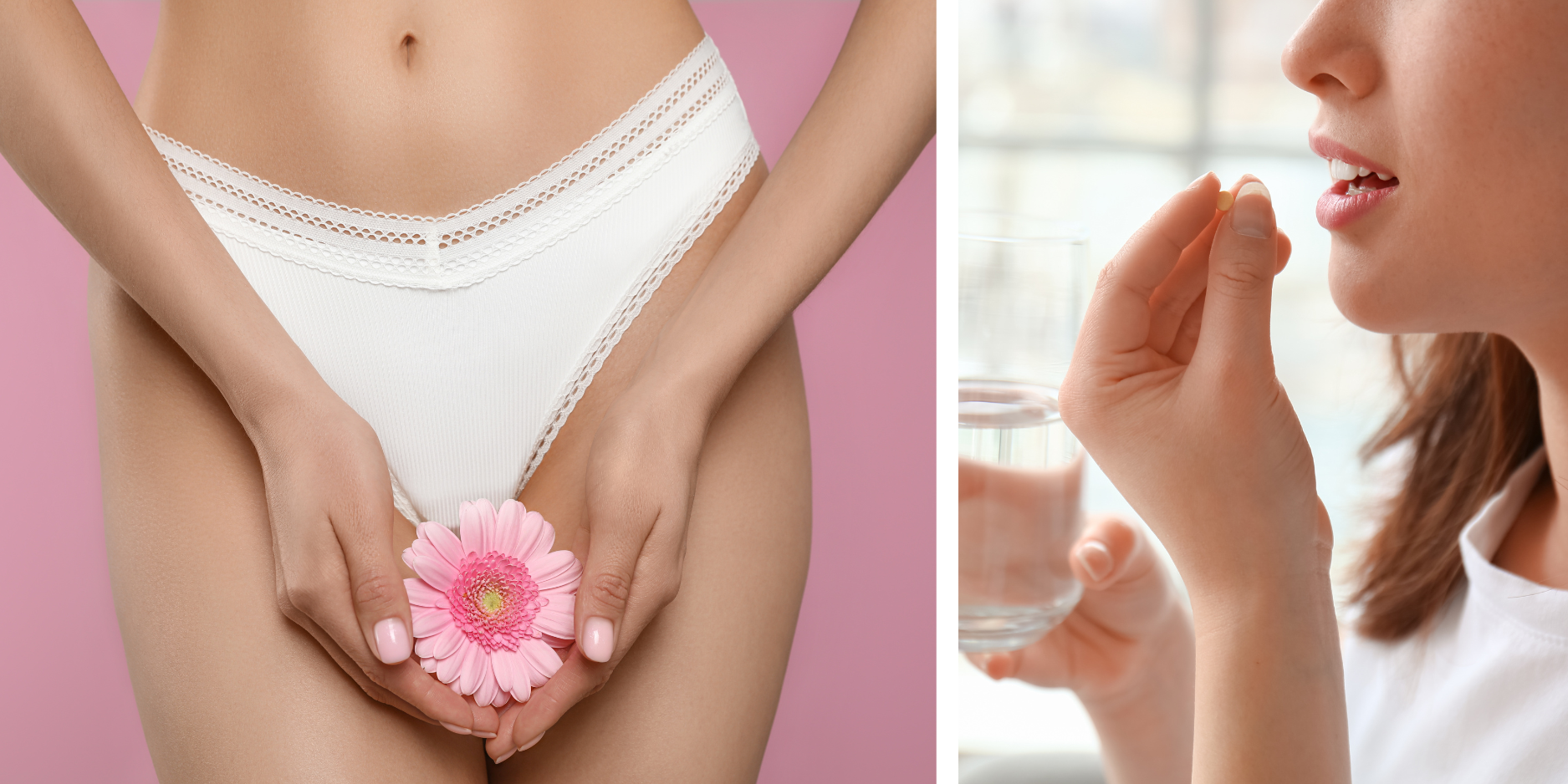 Woman holding a pink flower and taking a pill with water.