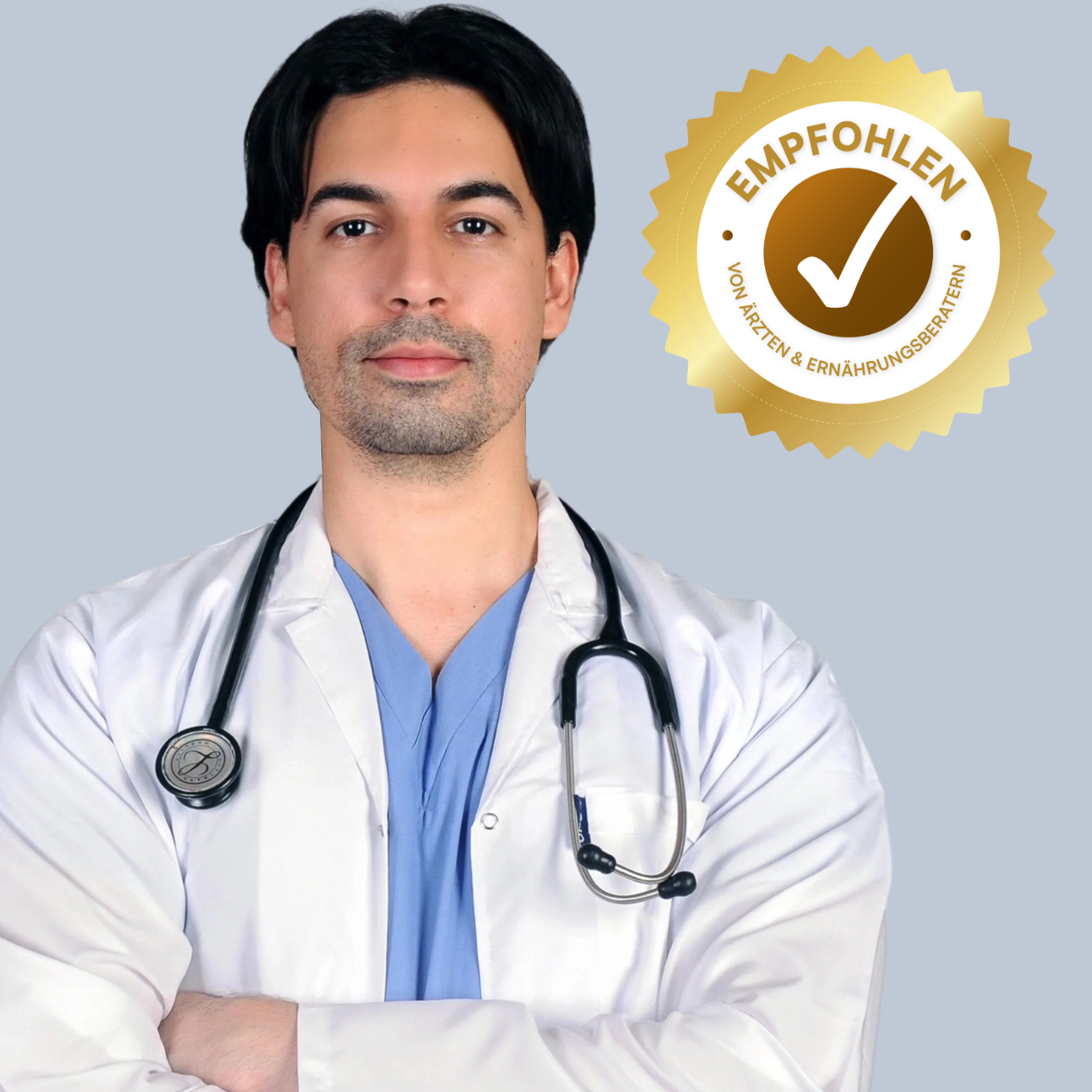 Doctor with stethoscope and recommendation seal.