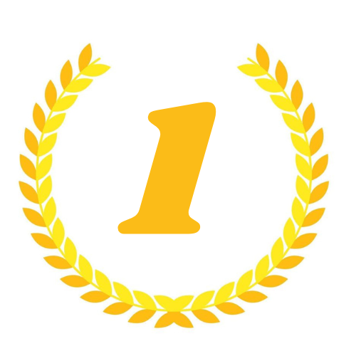 Yellow number one inside a laurel wreath on a white background.