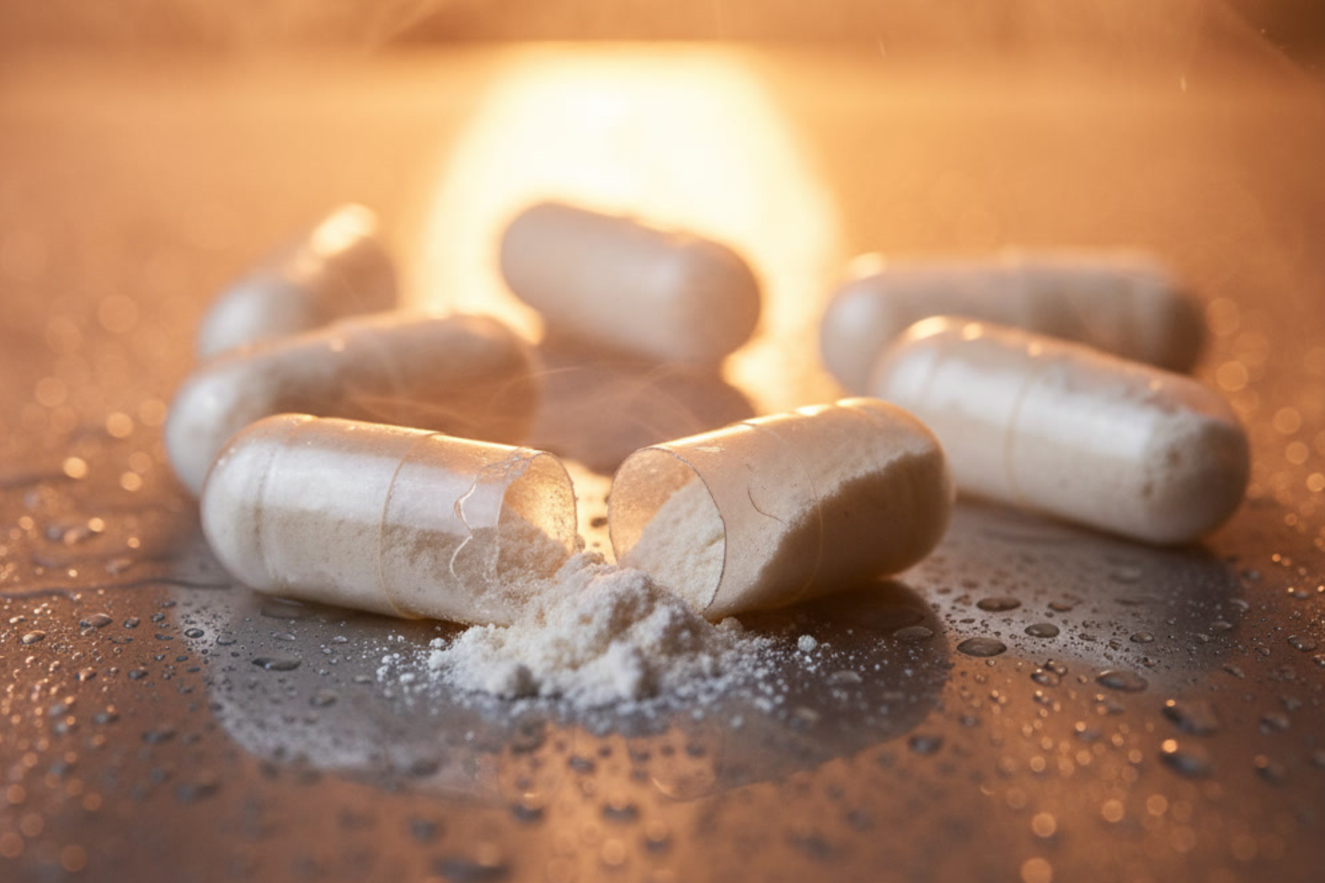 Several capsules, one open with powder spilling out, on a wet surface.