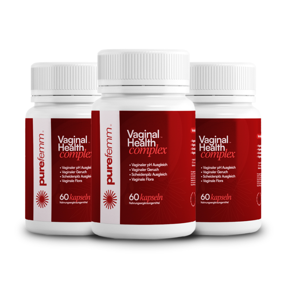 Three white bottles of purefemm Vaginal Health Complex supplements against a plain white background.
