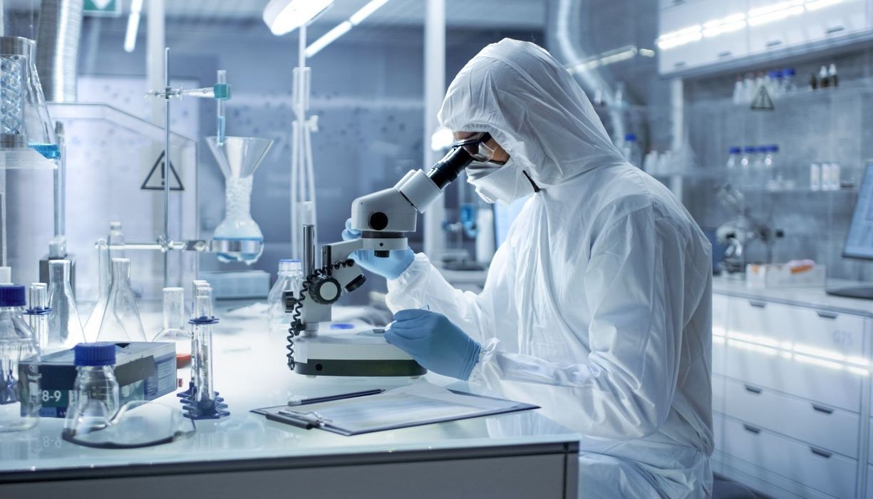 Scientist in protective gear using a microscope in a laboratory.