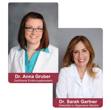 Two women in white coats with professional titles displayed below their portraits.