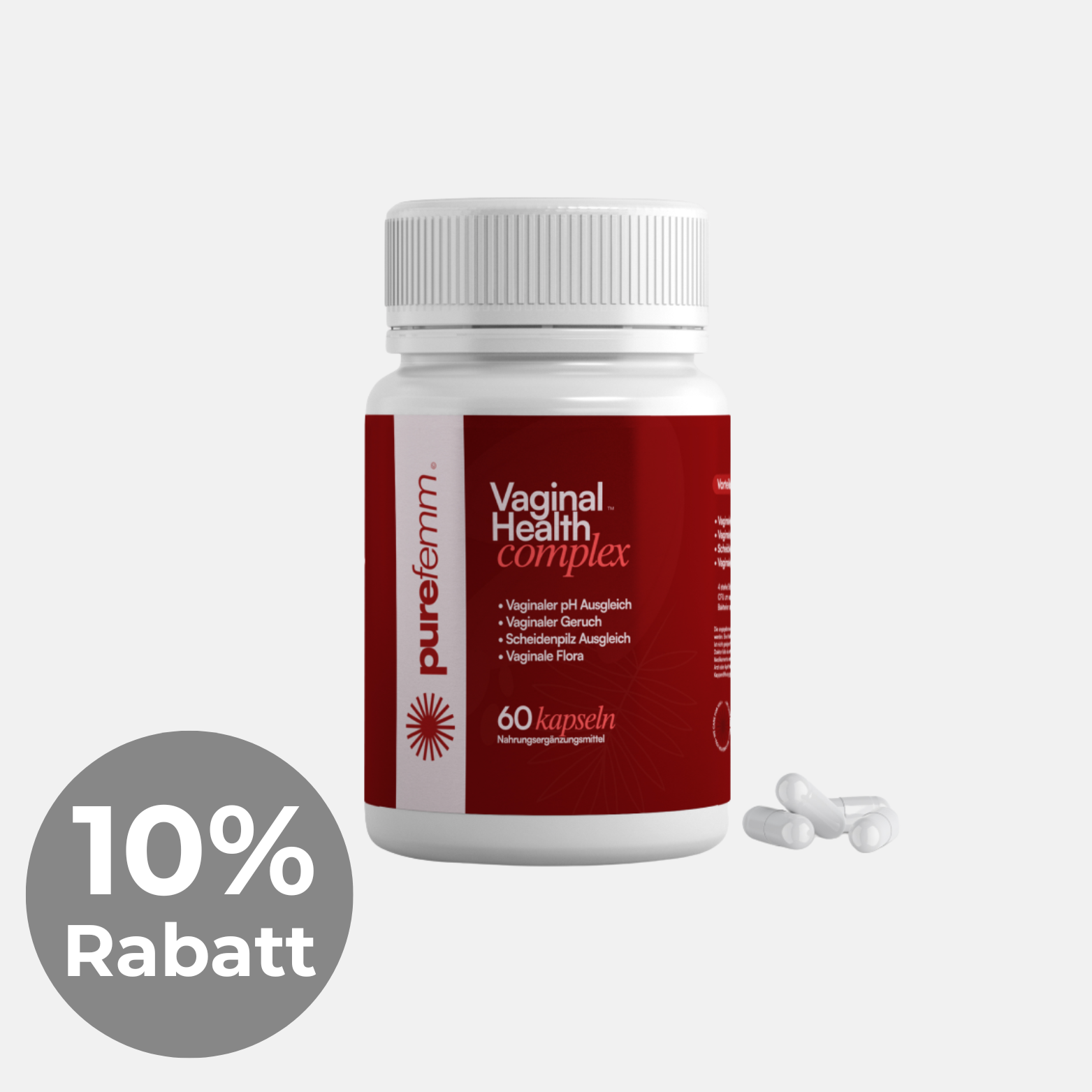 Bottle of vaginal health capsules with 10% discount label.
