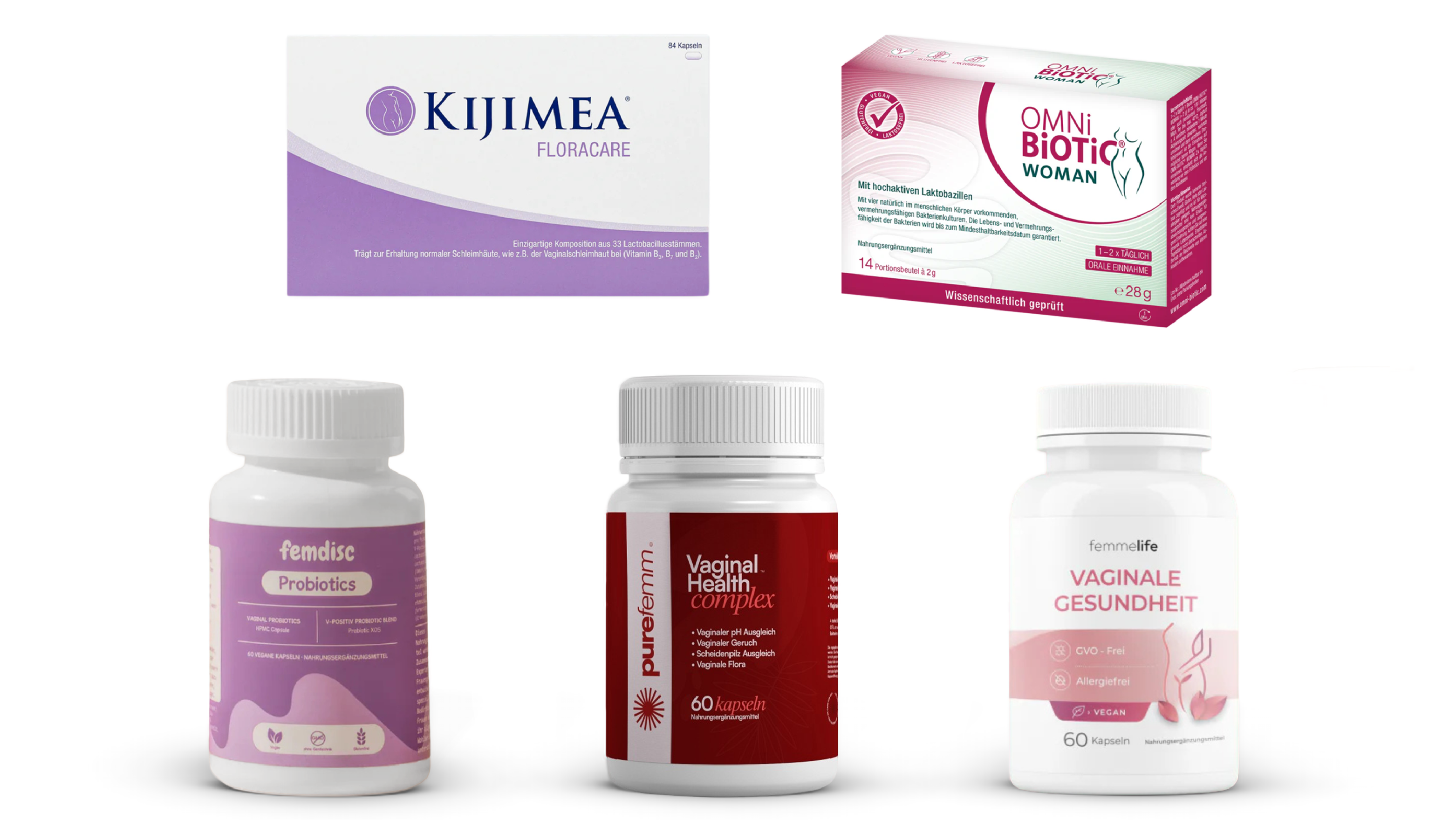 Five probiotic supplement packages for women's health, with various brand names and designs.