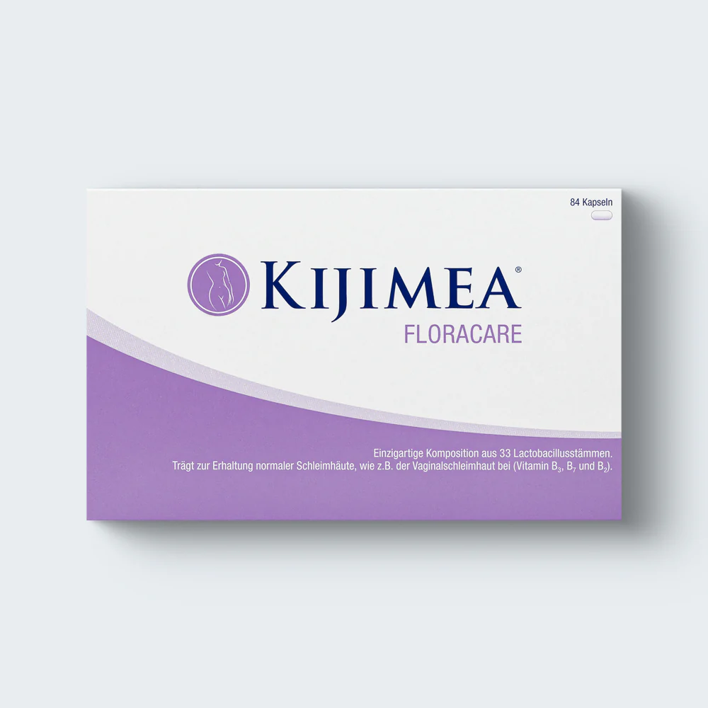 Box of Kijimea Floracare capsules with purple and white design.