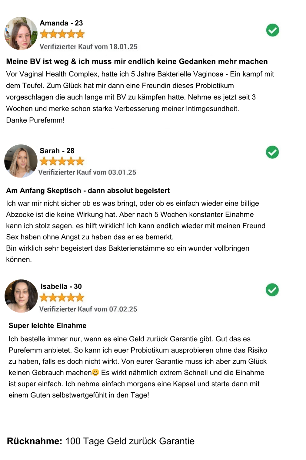 Three user reviews in German with five-star ratings for Purefem.